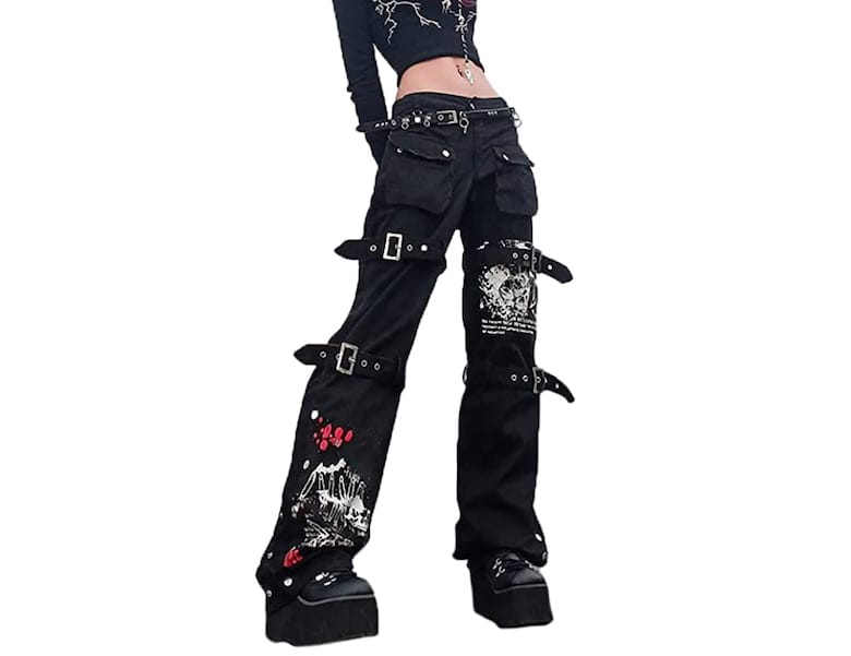Men's Unique Black And Red Stitch X-Chains Bondage Baggy Skater Trousers  Pants Goth Punk Emo